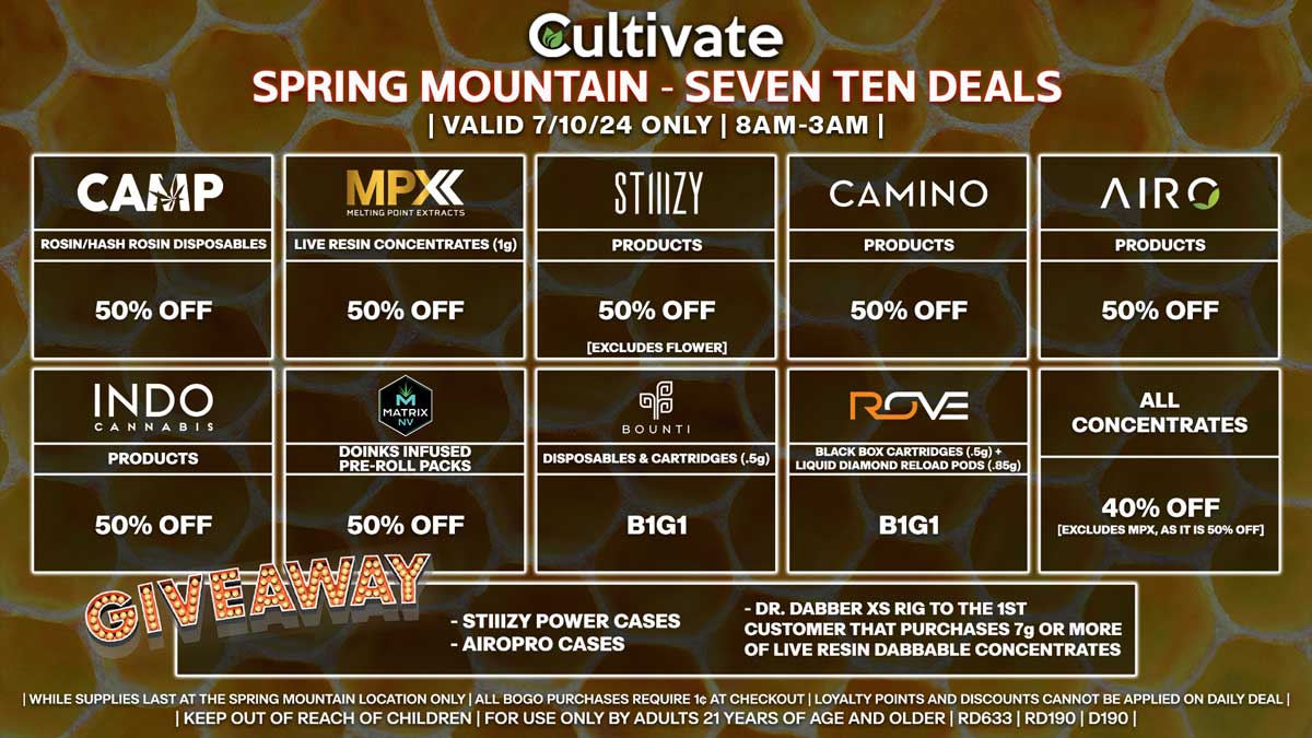 Cultivate Las Vegas Dispensary Daily Deals! Valid WEDNESDAY 7/10 Only | 8AM-3AM | While Supplies Last!