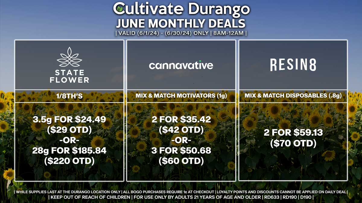 Cultivate Las Vegas Dispensary Daily Deals! Valid Month of June 6/1-6/30 Only | 8AM-12AM | While Supplies Last!