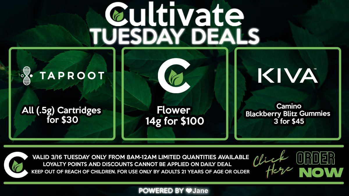 Cultivate Las Vegas Dispensary Daily Deals Valid TUESDAY Only 3/16  8AM-12AM While Supplies Last