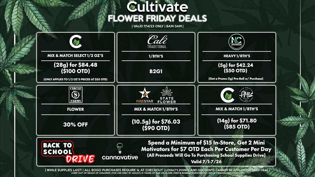 Cultivate Las Vegas Dispensary Daily Deals! Valid FRIDAY 7/14 Only | 8AM-3AM | While Supplies Last!