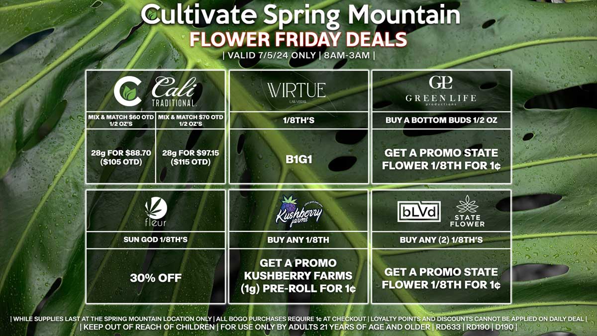 Cultivate Las Vegas Dispensary Daily Deals! Valid FRIDAY 7/5 Only | 8AM-3AM | While Supplies Last!