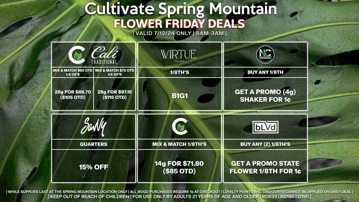 Cultivate Las Vegas Dispensary Daily Deals! Valid FRIDAY 7/12 Only | 8AM-3AM | While Supplies Last!