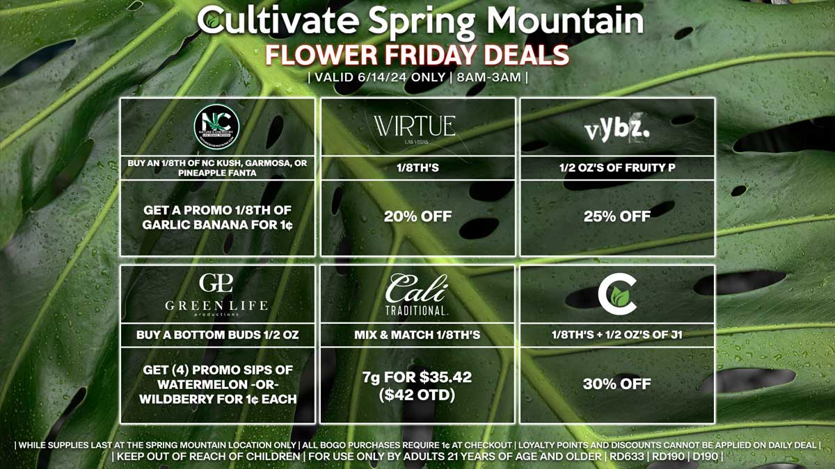 Cultivate Las Vegas Dispensary Daily Deals! Valid FRIDAY 6/14 Only | 8AM-3AM | While Supplies Last!