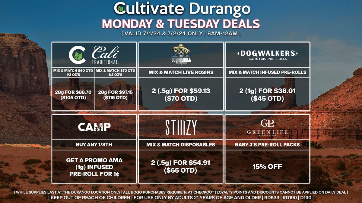 Cultivate Las Vegas Dispensary Daily Deals! Valid MONDAY & TUESDAY 7/1-7/2 Only | 8AM-12AM | While Supplies Last!