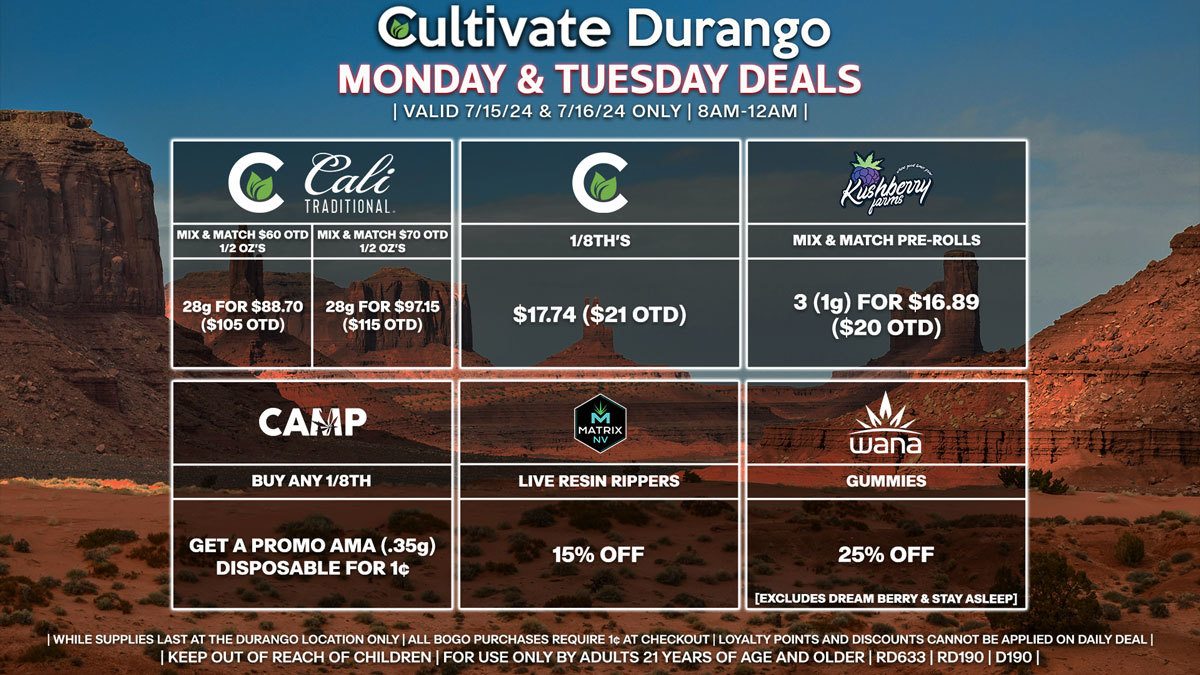 Cultivate Las Vegas Dispensary Daily Deals! Valid MONDAY & TUESDAY 7/15-7/16 Only | 8AM-12AM | While Supplies Last!