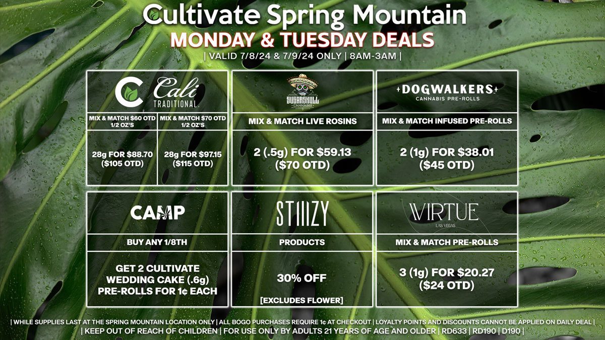 Cultivate Las Vegas Dispensary Daily Deals! Valid MONDAY & TUESDAY 7/8-7/9 Only | 8AM-3AM | While Supplies Last!