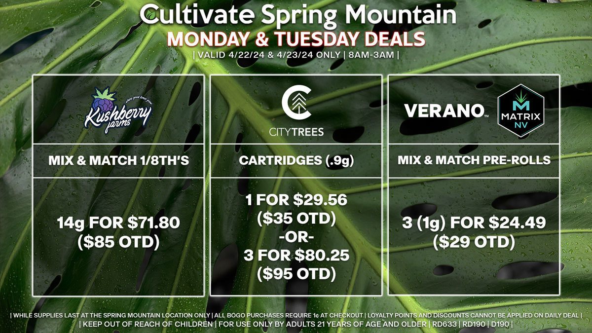 Cultivate Las Vegas Dispensary Daily Deals! Valid MONDAY & TUESDAY 4/22-4/23 Only | 8AM-3AM | While Supplies Last!