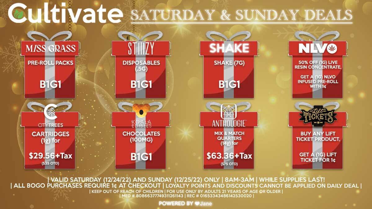 Cultivate Las Vegas Dispensary Daily Deals! Valid SATURDAY & SUNDAY 12/24-12/25 Only | 8AM-3AM | While Supplies Last!