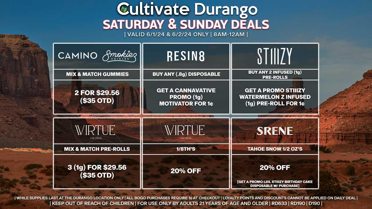 Cultivate Las Vegas Dispensary Daily Deals! Valid SATURDAY & SUNDAY 6/1-6/2 Only | 8AM-12AM | While Supplies Last!