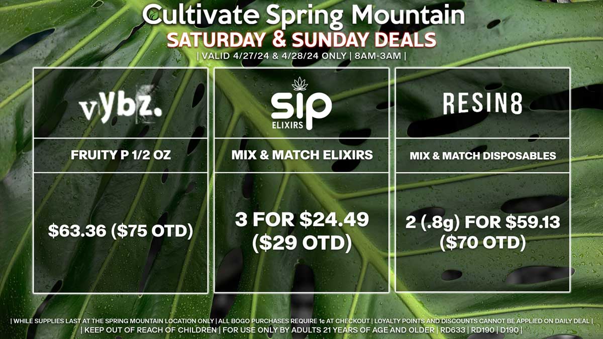 Cultivate Las Vegas Dispensary Daily Deals! Valid SATURDAY & SUNDAY 4/27-4/28 Only | 8AM-3AM | While Supplies Last!