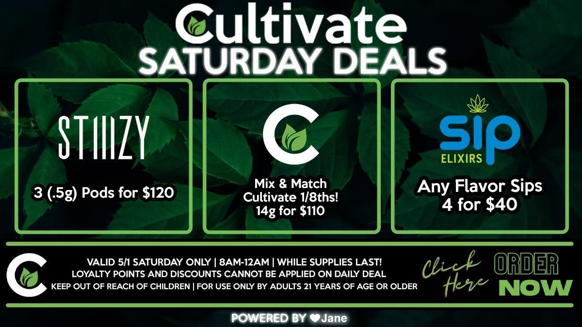 Cultivate Las Vegas Dispensary Daily Deals! Valid SATURDAY 6/5 Only | 8AM-3AM | While Supplies Last!