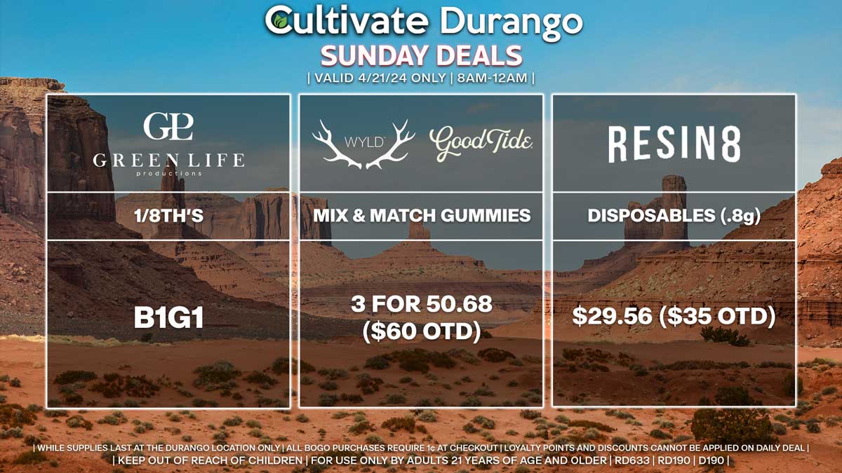 Cultivate Las Vegas Dispensary Daily Deals! Valid SUNDAY 4/21 Only | 8AM-12AM | While Supplies Last!