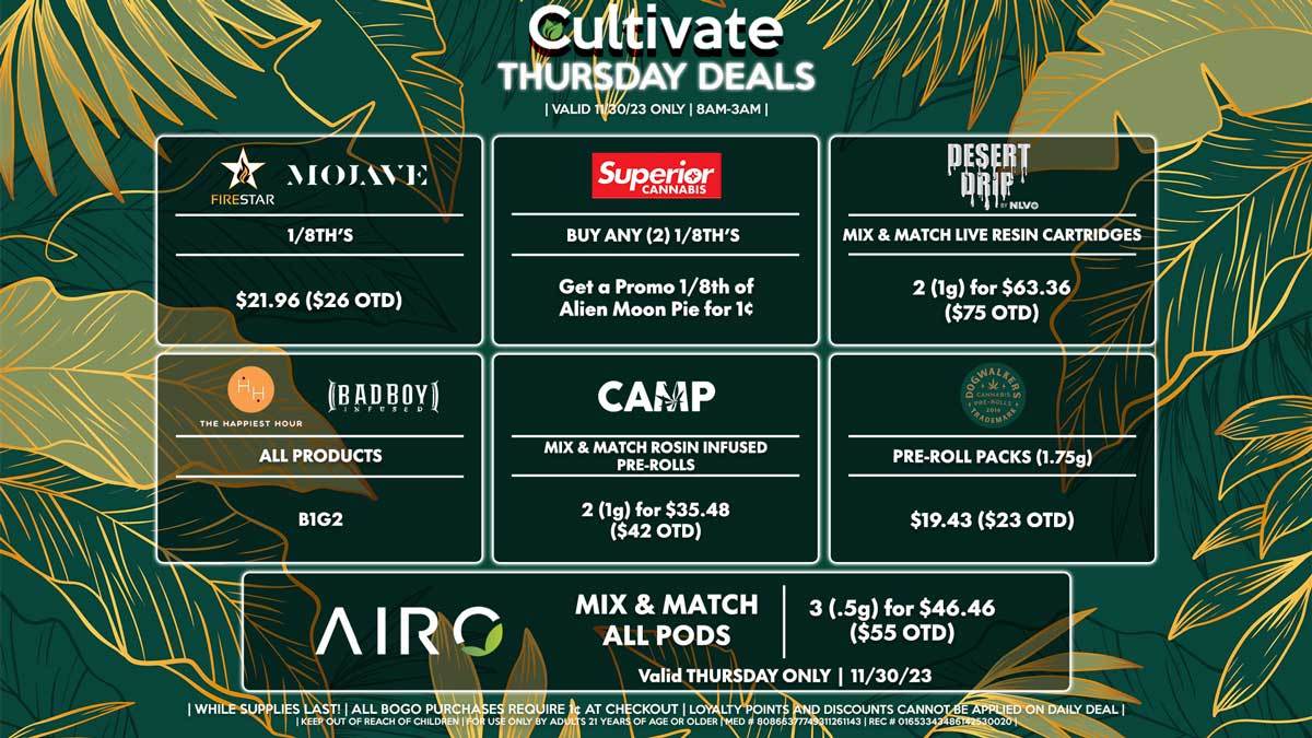 Cultivate Las Vegas Dispensary Daily Deals! Valid WEDNESDAY & THURSDAY 11/29-11/30 Only | 8AM-3AM | While Supplies Last!