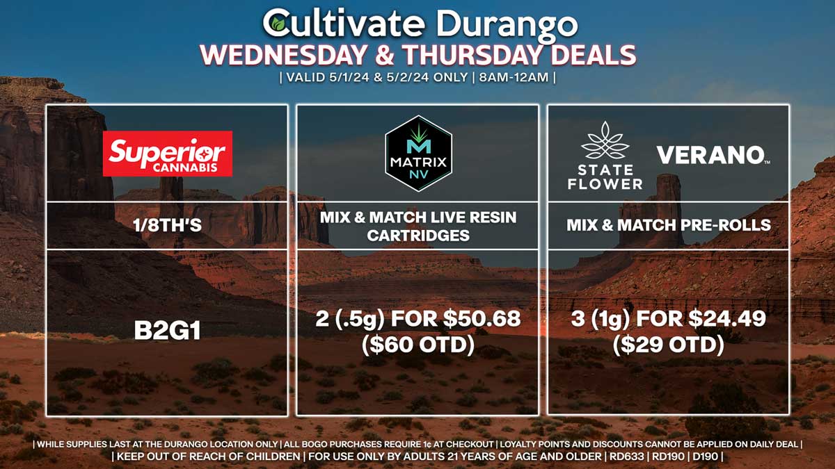 Cultivate Las Vegas Dispensary Daily Deals! Valid WEDNESDAY & THURSDAY 5/1-5/2 Only | 8AM-12AM | While Supplies Last!