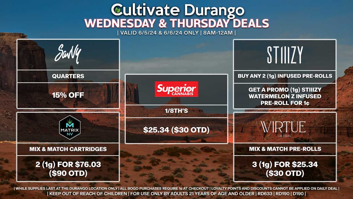 Cultivate Las Vegas Dispensary Daily Deals! Valid WEDNESDAY & THURSDAY 6/5-6/6 Only | 8AM-12AM | While Supplies Last!