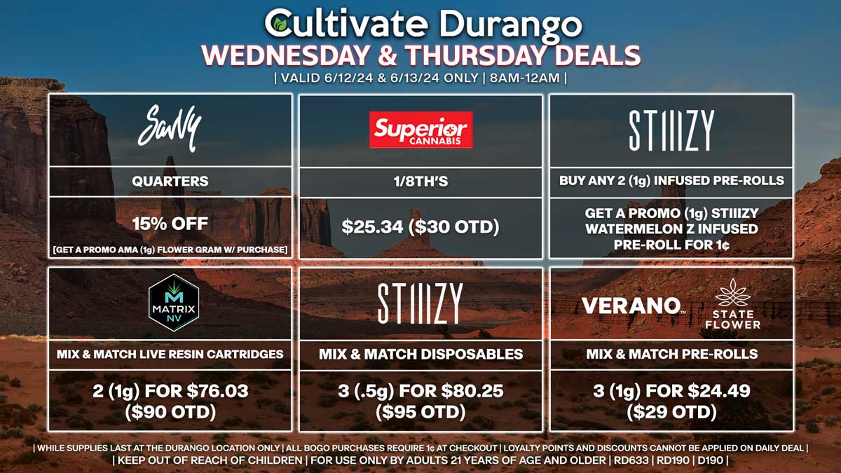 Cultivate Las Vegas Dispensary Daily Deals! Valid WEDNESDAY & THURSDAY 6/12-6/13 Only | 8AM-12AM | While Supplies Last!