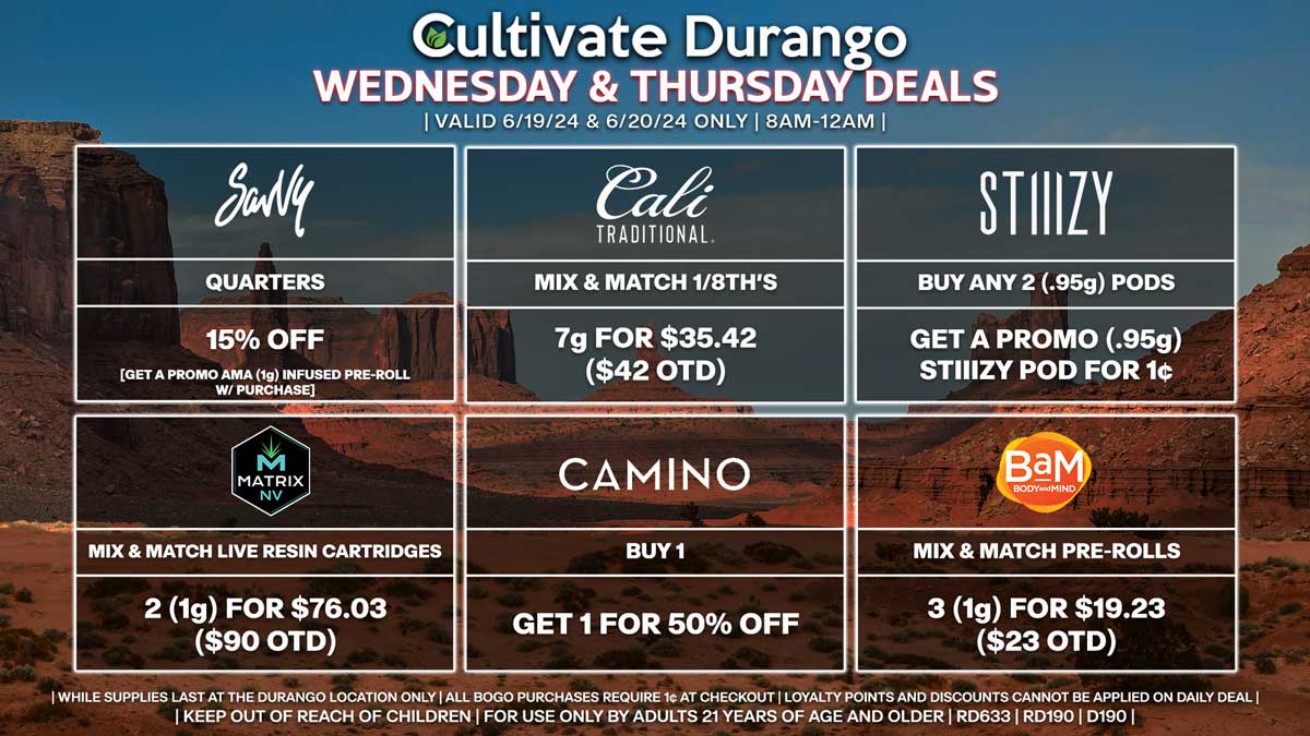 Cultivate Las Vegas Dispensary Daily Deals! Valid WEDNESDAY & THURSDAY 6/19-6/20 Only | 8AM-12AM | While Supplies Last!