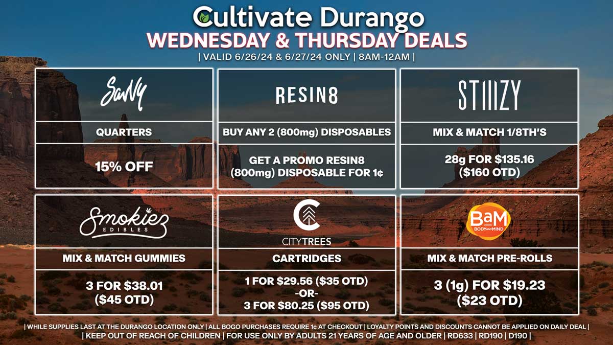 Cultivate Las Vegas Dispensary Daily Deals! Valid WEDNESDAY & THURSDAY 6/26-6/27 Only | 8AM-12AM | While Supplies Last!