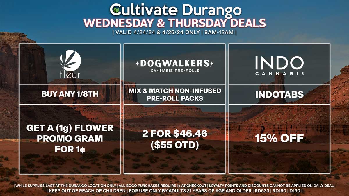 Cultivate Las Vegas Dispensary Daily Deals! Valid WEDNESDAY & THURSDAY 4/24-4/25 Only | 8AM-12AM | While Supplies Last!