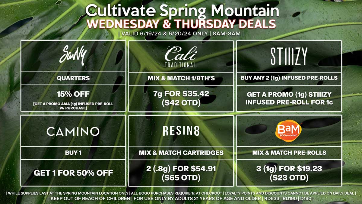 Cultivate Las Vegas Dispensary Daily Deals! Valid WEDNESDAY & THURSDAY 6/19-6/20 Only | 8AM-3AM | While Supplies Last!