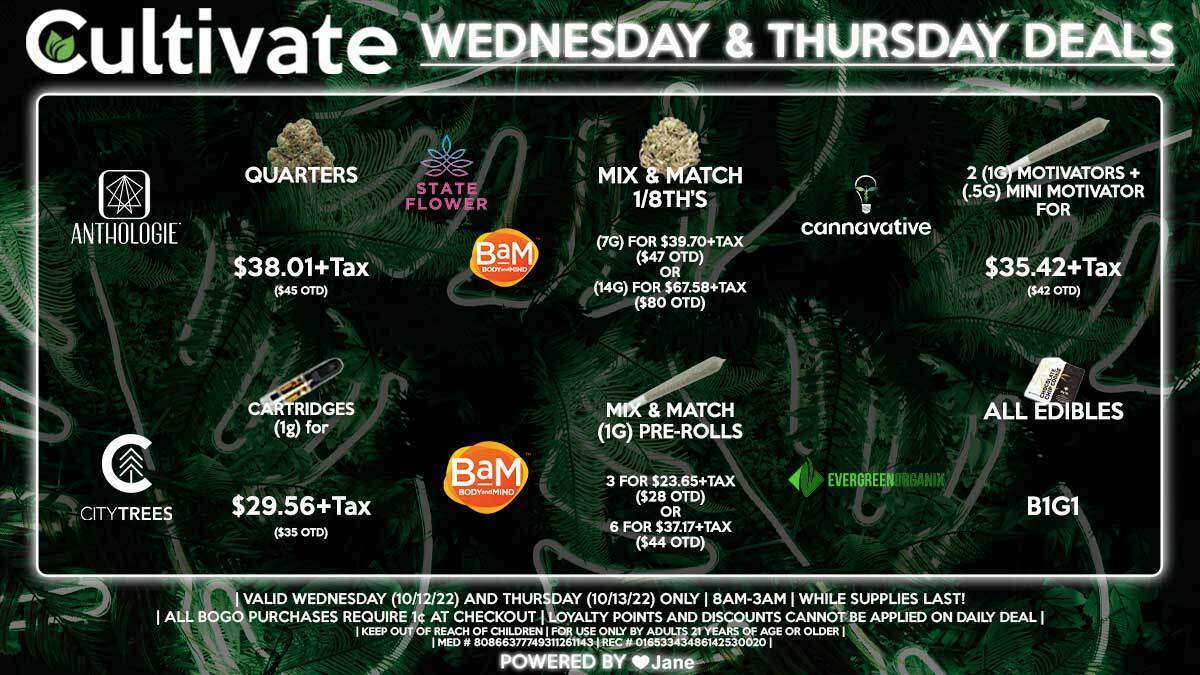 Cultivate Las Vegas Dispensary Daily Deals! Valid WEDNESDAY & THURSDAY 10/12-10/13 Only | 8AM-3AM | While Supplies Last!