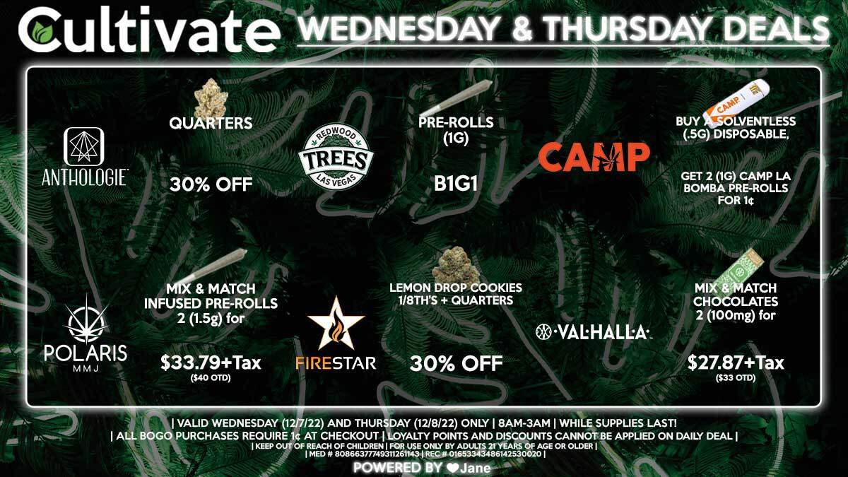 Cultivate Las Vegas Dispensary Daily Deals! Valid WEDNESDAY & THURSDAY 12/7-12/8 Only | 8AM-3AM | While Supplies Last!