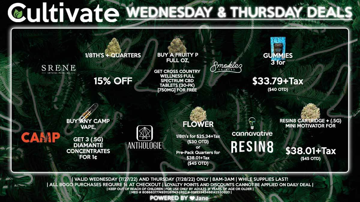 Cultivate Las Vegas Dispensary Daily Deals! Valid WEDNESDAY & THURSDAY 7/27-7/28 Only | 8AM-3AM | While Supplies Last!