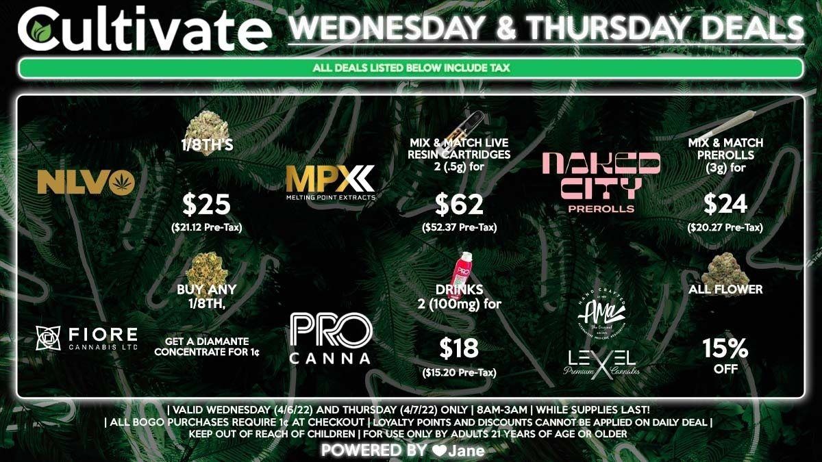 Cultivate Las Vegas Dispensary Daily Deals! Valid WEDNESDAY & THURSDAY 4/6-4/7 Only | 8AM-3AM | While Supplies Last!