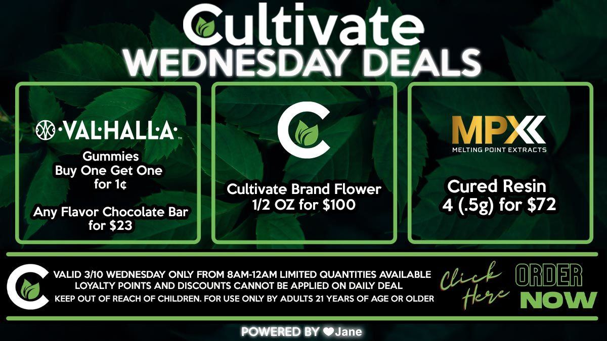 Cultivate Las Vegas Dispensary Daily Deals! Valid WEDNESDAY 5/26 Only | 8AM-12AM | While Supplies Last!